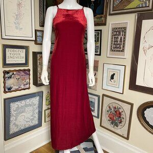 90s Vintage All That Jazz Red Stretch Velvet High Neck Column Maxi Dress Size S